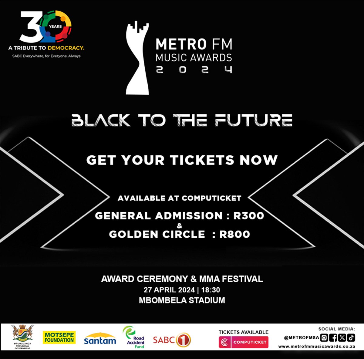 The countdown to the biggest music awards in Mzansi has begun! The 2024 METRO FM Music Awards! Get your tickets now @Computicket -> rb.gy/z3sppi #MMA24 #BlackToTheFuture [ General R300 & Golden Circle R800].