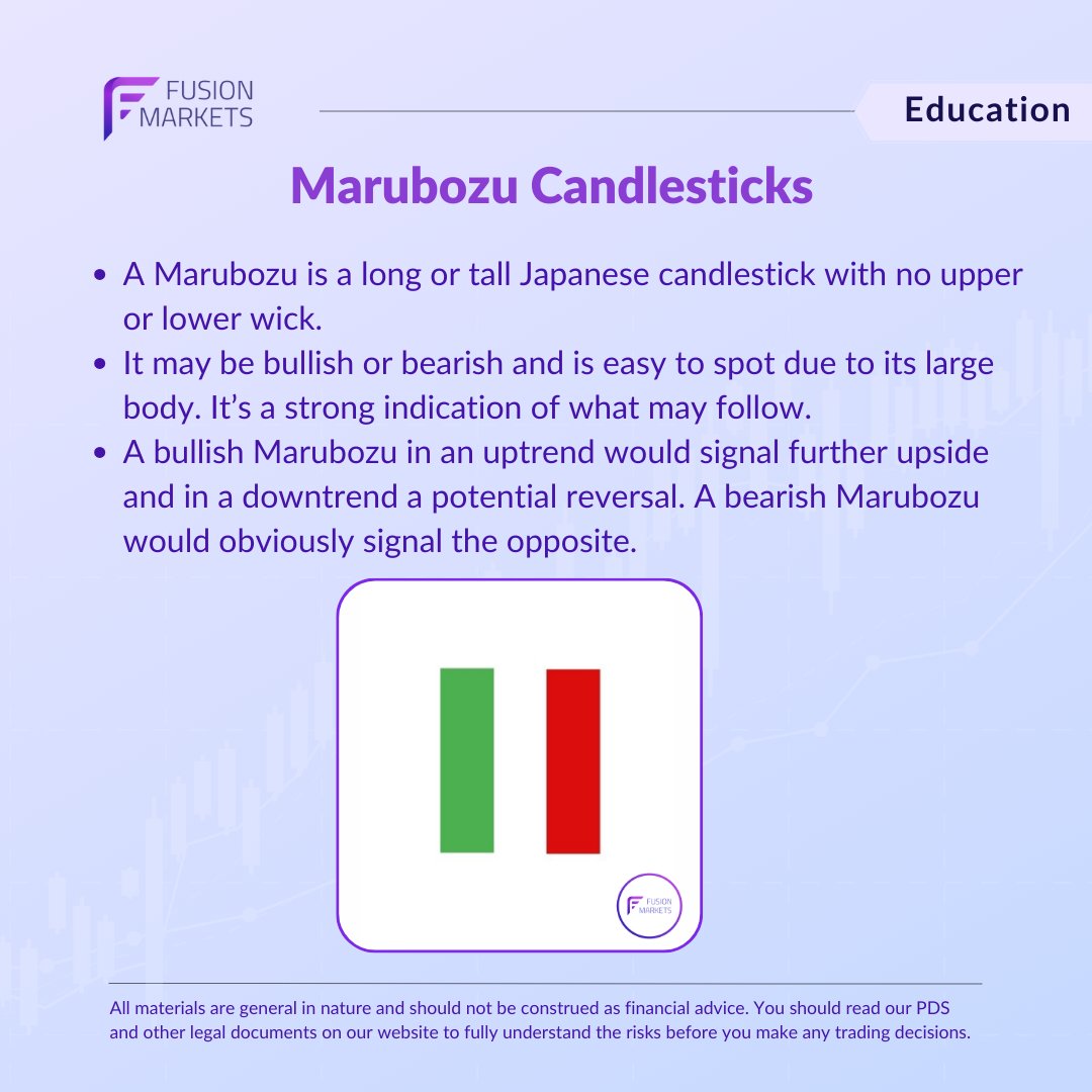 Todays educational post is about The Marubozu candlesticks. The word marubozu means 'bald head' or 'shaved head' in Japanese, and this is reflected in the candlestick's lack of wicks.

#forexeducation #forexschool #tradingknowledge #trading #currencymarkets #financialmarkets