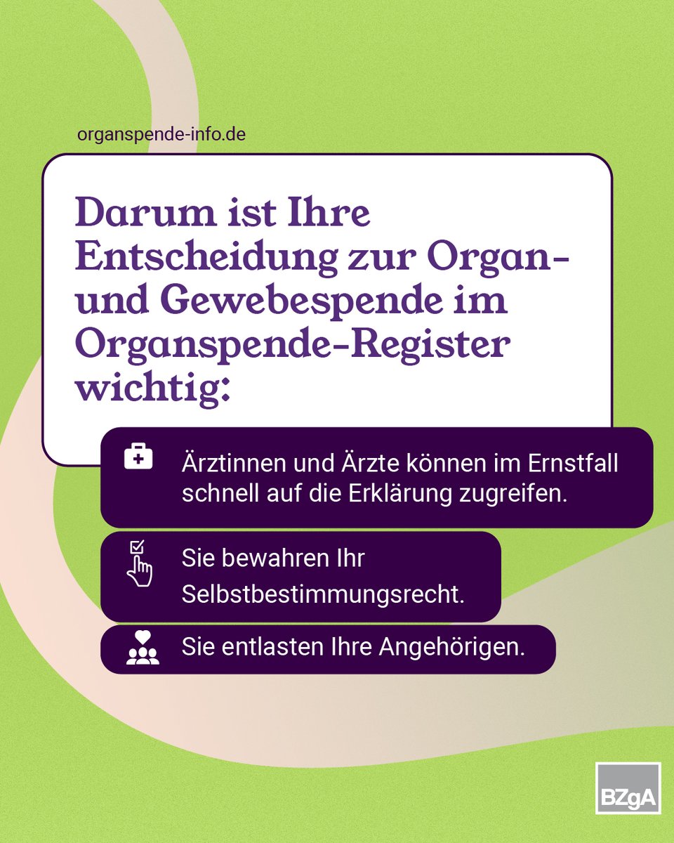 Mit Ihrem Eintrag in das #Organspenderegister dokumentieren Sie Ihre Entscheidung zur Organ- und Gewebespende online. Warum das wichtig ist & wie es funktioniert erklärt @‌OrganspendeBZgA. Registrieren können Sie sich unter: organspende-register.de/erklaerendenpo…
