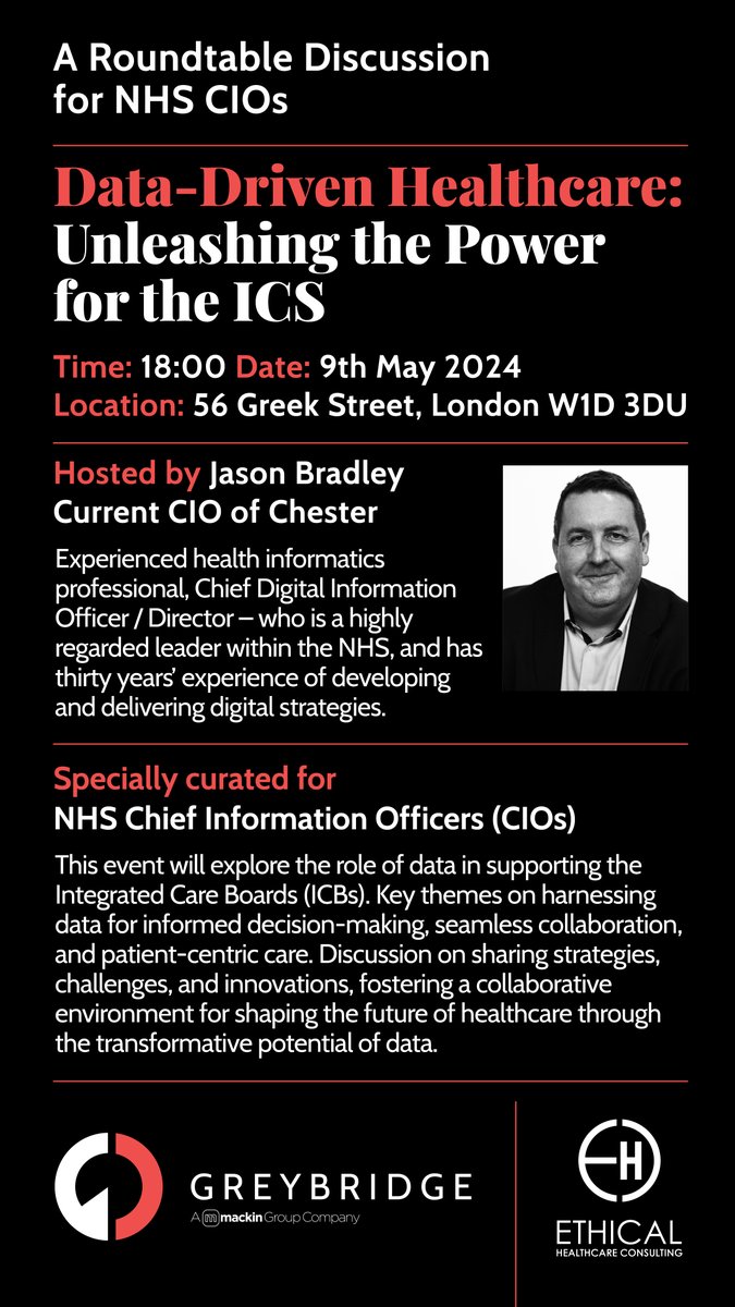 We're pleased to partner with @GreybridgeRoles on its next healthcare leadership event in May. This is an opportunity for NHS leaders to discuss strategies, successes and lessons learned when using data to support ICBs. Contact Greybridge to reserve your place.