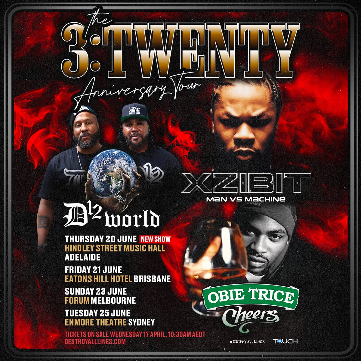 The Rap Tour of the Year just got bigger! Adelaide.... Xzibit, D12 + Obie Trice have heard your calls & added a show at the start of this historic tour. Lock in Thursday, June 20 at Hindley St Music Hall and note the dates for tickets and M&G upgrades. ➟ daltours.cc/3TwentyTour