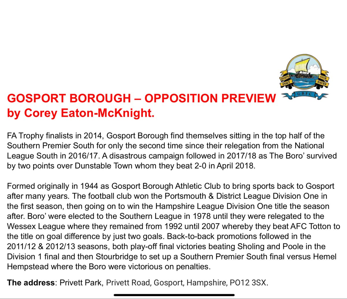 We travel to play-off contenders Gosport Borough this weekend. Making the trip? Have a read of Corey’s opposition preview: hyufc.com/wp-content/upl…