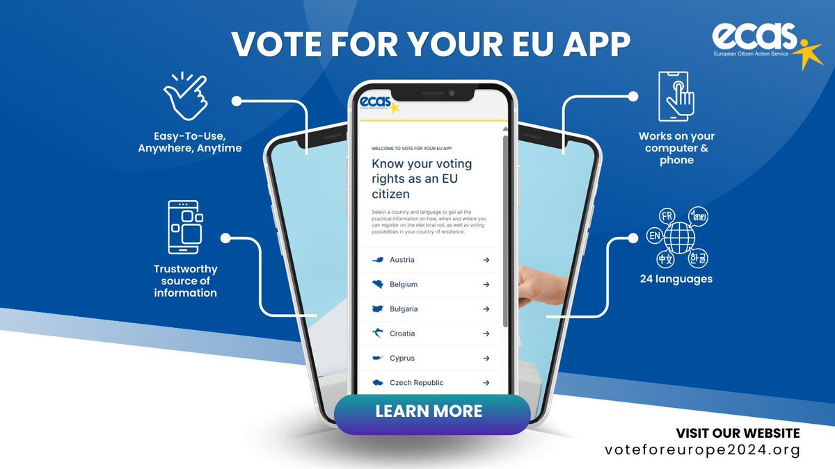Discover the ECAS Vote For Your EU app! Your go-to to find all the information you need ahead of the European Parliament Elections: 📌1 app 📌27 countries 📌24 languages Learn more: voteforeurope2024.org #EUelections #Votefor4EU