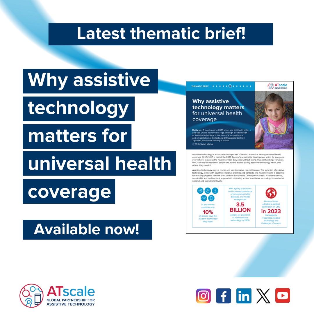 The inclusion of #AssistiveTechnology, in line with countries’ national priorities & contexts, into health systems is essential for realizing progress towards #UHC & the #SDGs 👉Discover more in our thematic brief: tinyurl.com/2jvmdffb #ATChangesLives #HealthForAll @uhc2030