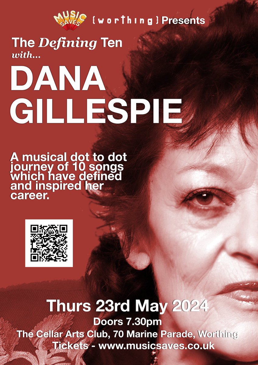 Excited to announce our next #thedefiningten event at the @cellarartsclub in #worthing will be with Dana Gillespie giving us a VERY unique personal interpretation of 10 songs which have defined her. Tickets available now at musicsaves.co.uk - last 4 events have sold out!