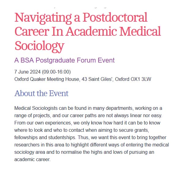 The BSA (@britsoci) on Twitter photo Thinking of becoming a medical sociologist? Book now for āNavigating a Postdoctoral Career in Academic Medical Sociologyā, a <a href="/BSAPGForum/">BSA PG Forum</a> event, 7 June, Oxford tinyurl.com/9js4k3yc #Sociology Thinking of becoming a medical sociologist? Book now for āNavigating a Postdoctoral Career in Academic Medical Sociologyā, a <a href="/BSAPGForum/">BSA PG Forum</a> event, 7 June, Oxford tinyurl.com/9js4k3yc #Sociology