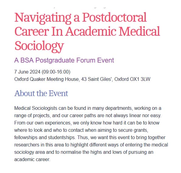 Thinking of becoming a medical sociologist? Book now for ‘Navigating a Postdoctoral Career in Academic Medical Sociology’, a @BSAPGForum event, 7 June, Oxford tinyurl.com/9js4k3yc #Sociology