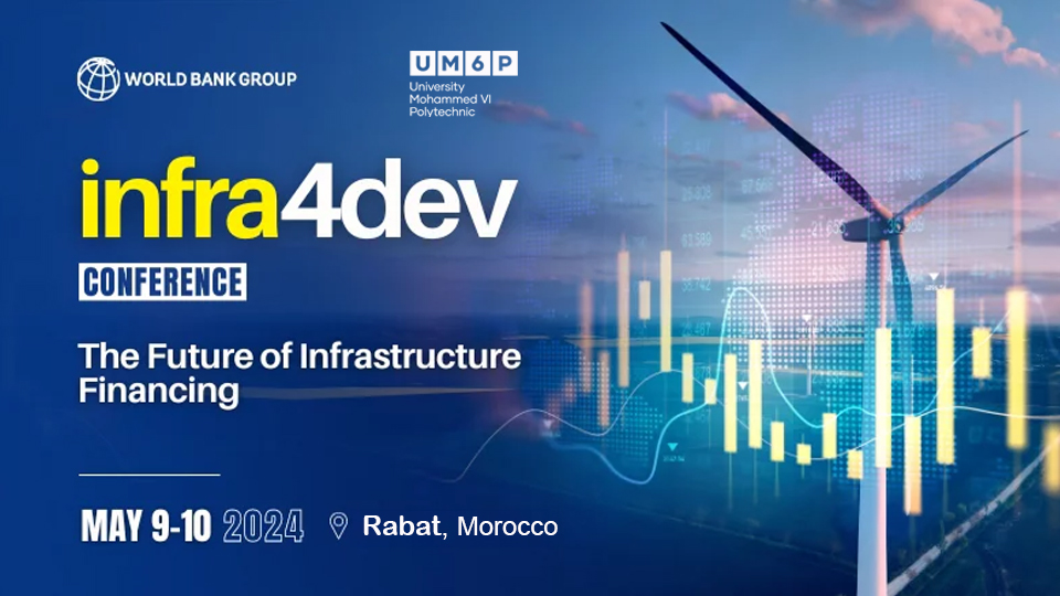 The #Infra4Dev Conference is back! Co-hosted by the @WorldBank & @UM6P_officiel, this year's conference will take place on May 9-10 in Rabat, Morocco. 🇲🇦 Be part of the conversation on sustainable development and economic growth. Watch this space: wrld.bg/7GbR50RcS4T