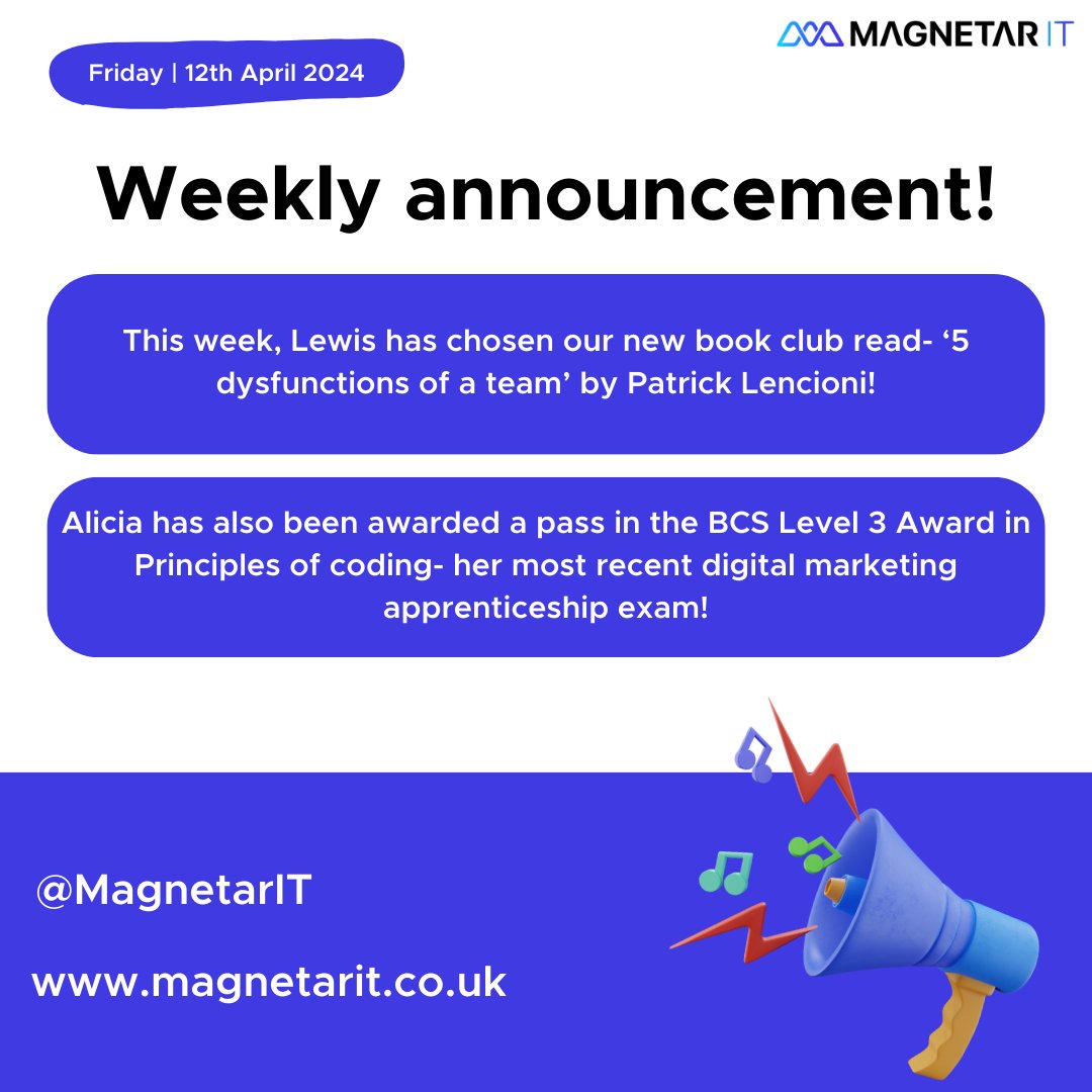 🌟 For this week's weekly announcement, we wanted to share a few company updates! 🌟 What have you achieved this week? 🤔 #magnetarit #itconsultancy #weeklyannouncement #bookclub