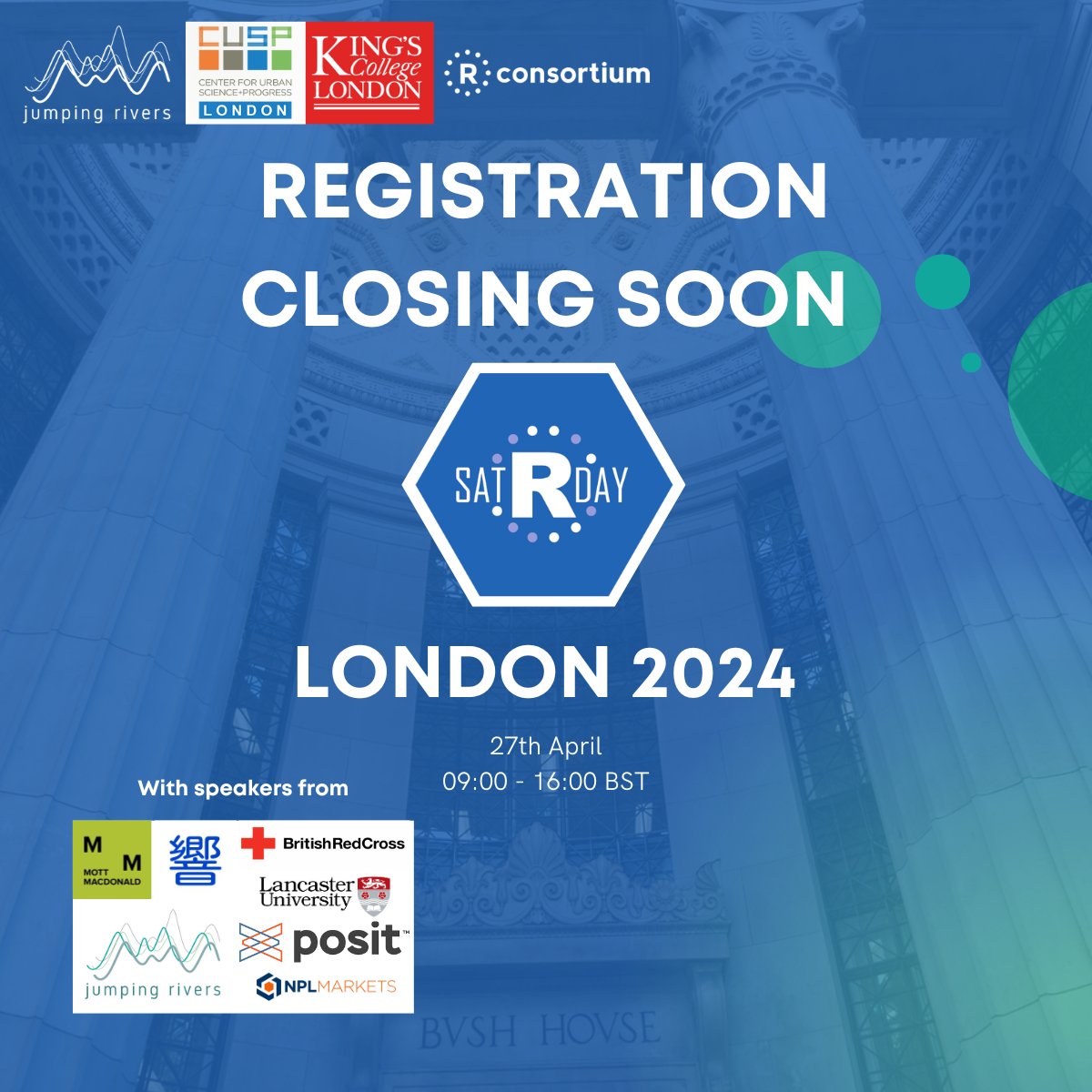 📣🥳 Join us to celebrate all things R & data science 📊 #King'sCollegeLondon🎡 27th April📅 An excellent opportunity to network and learn. Register Now 🎟 ⬇️ for 20% off to be applied at checkout 🎉 loom.ly/D6BdDug @kclinformatics @jumping_uk @kingsnmes