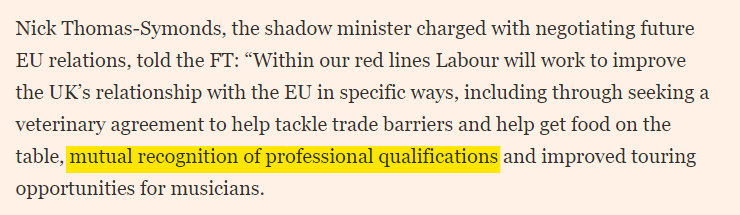 Second incidentally. The really geeky niche debate on Labour's UK-EU plans is why mutual recognition of professional qualifications is a priority when this is actually incredibly difficult / rare across international trade as not in the gift of governments...