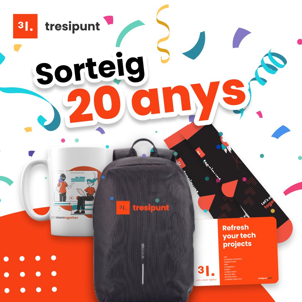 🎉 Celebrem 20 anys amb un sorteig! 🎉 Aconsegueix la bossa oficial de 3ipunt amb uns mitjons espacials, una tassa i uns mentos per a refrescar els projectes #eLearning! Ho tindràs tot per a estar a la moda😜

✅ Segueix-nos a <a href="/tresipunt/">3ipunt | Solucions eLearning</a>
🔄 Fes RT a la publicació
📆 Fins 19/04