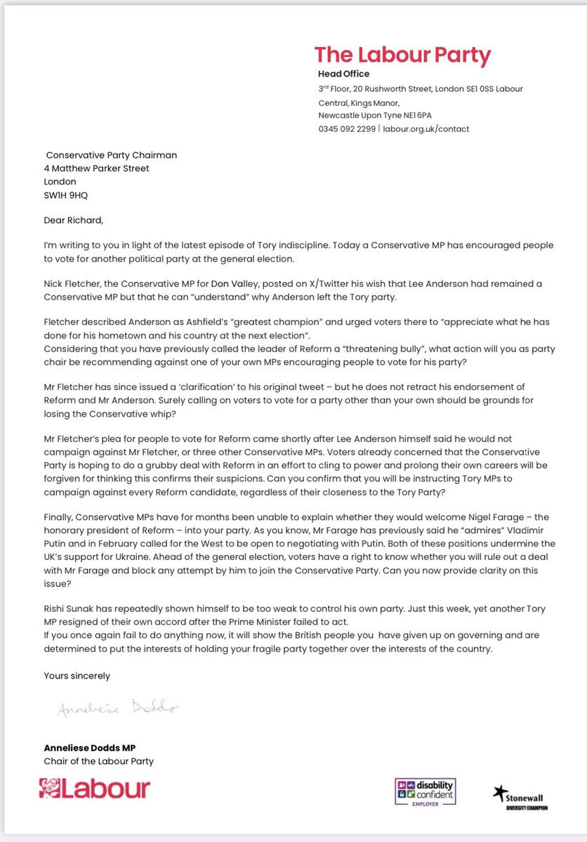 Rishi Sunak is so weak his own MPs are endorsing different parties. If he lets Nick Fletcher keep the whip his authority is completely undermined. Britain deserves better than Conservative chaos. We need a general election and a Labour government to get Britain's future back.