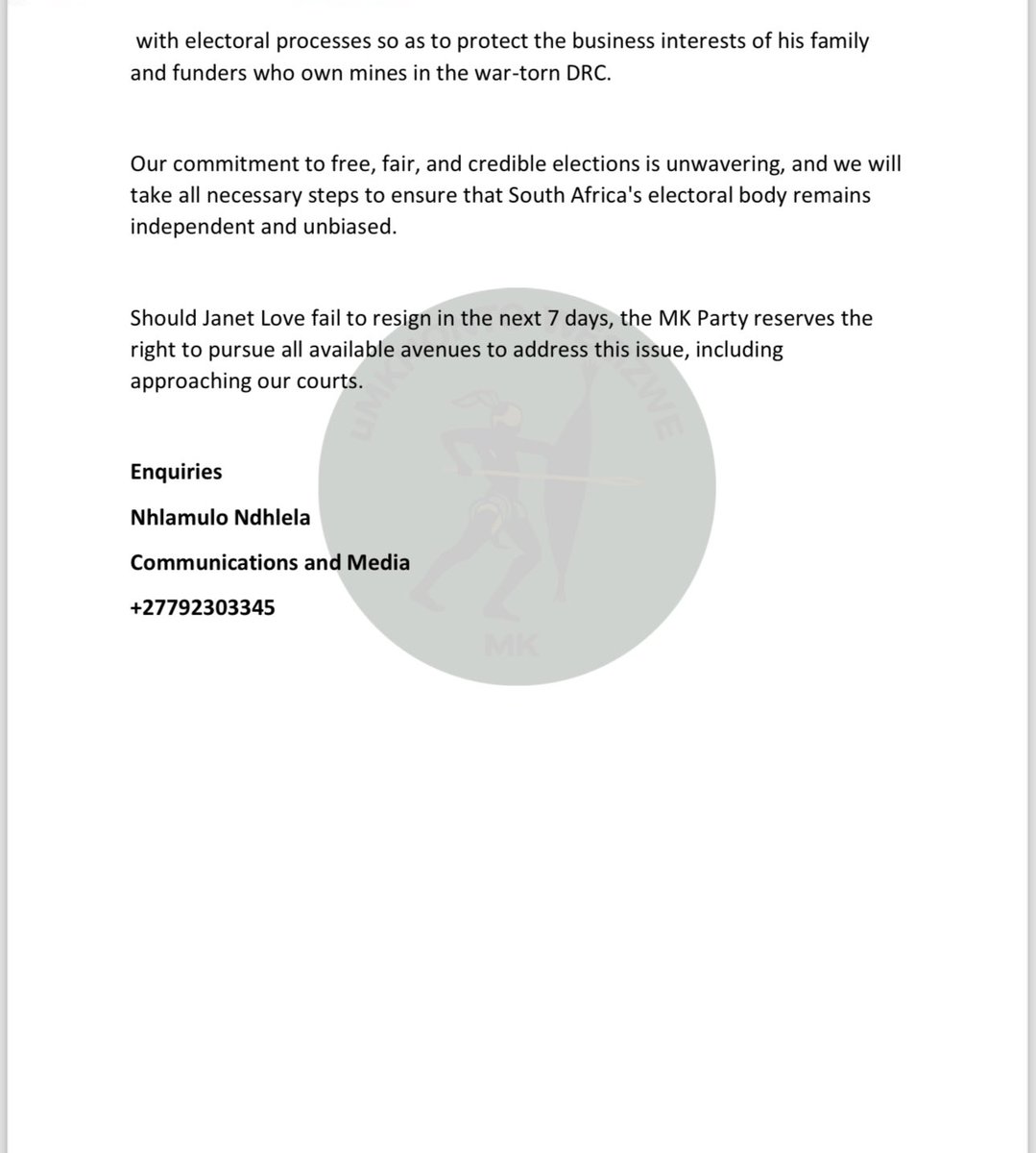 MK party calls for the immediate resignation of the IEC Commissioner, Ms Janet Love