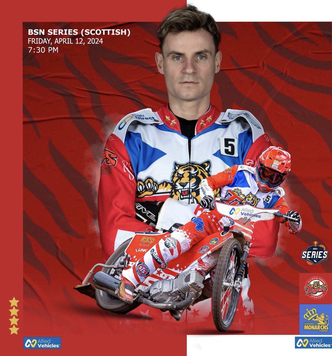 𝙄𝙩’𝙨 𝙧𝙖𝙘𝙚𝙙𝙖𝙮… 🗓️ Friday, April 12. 🏟️ Ashfield Stadium. 🆚 Edinburgh Monarchs. 🏆 BSN Series. ⏰ 7.30pm. 🐅The new season starts at Ashfield against the Monarchs. #WeAreGlasgow🔴⚪️