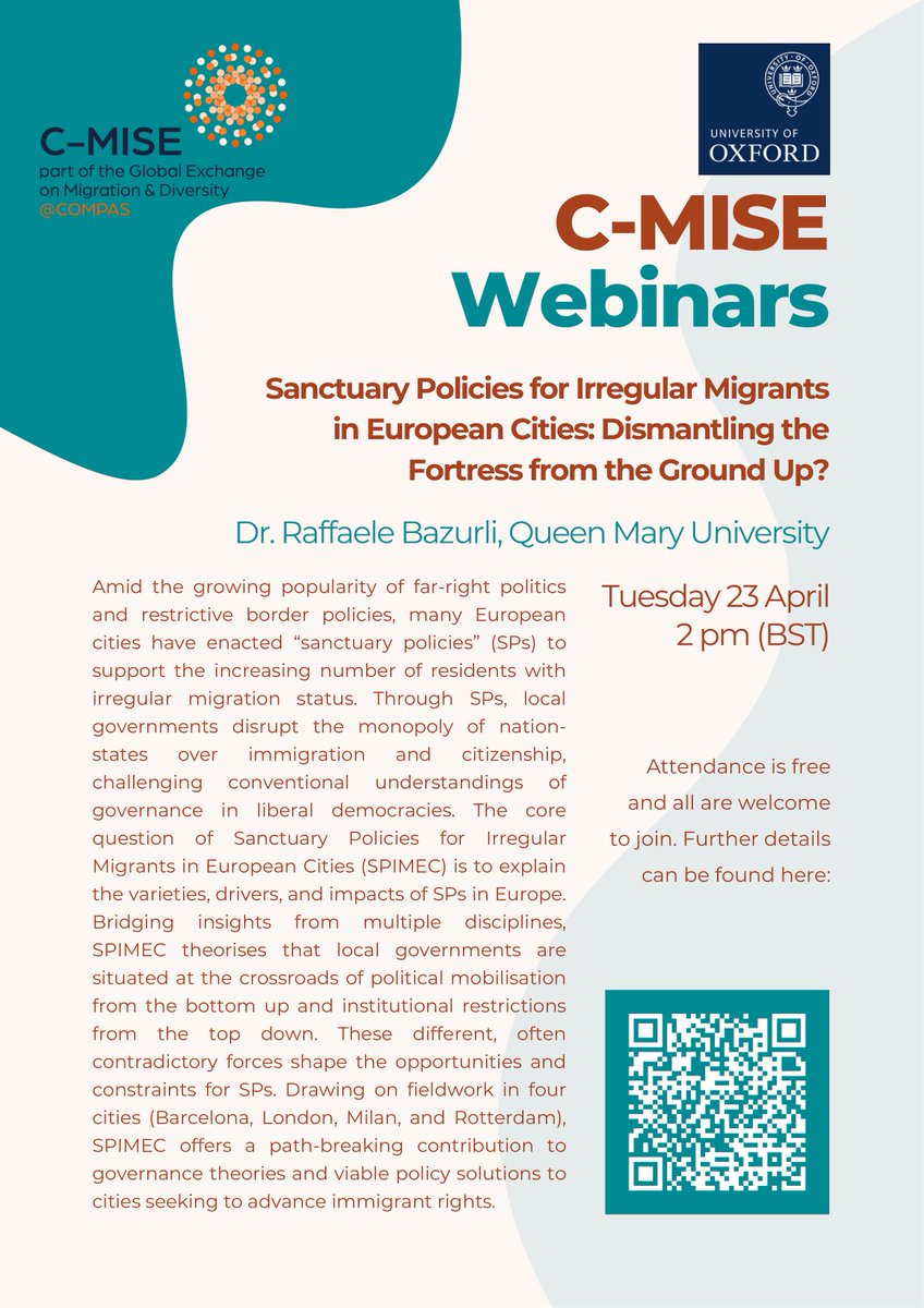 Want to know more about sanctuary policies for irregular migrants in European cities? If so, join us for our upcoming @COMPAS_Oxford C-MISE webinar on 23 April at 2.00pm (BST) for what promises to be a fascinating talk by @RaffaeleBazurli. Sign up now: t.ly/EW5Ee