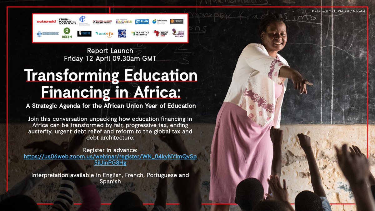 🎉Happening today: Virtual launch of Transforming Education Financing in Africa report! Stellar line up of speakers from @AncefaRegional @TaxJusticeAfric @RsFawe @AFRODAD2011 @ActionAid & Young Urban Women Network. Let's talk #TaxJustice #DebtJustice #EndAusterity for education.