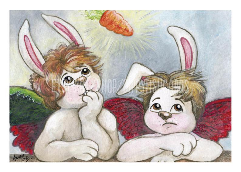 I have a small gallery of Whimsical Wabbit Art, shamelessly ripped off from Old Masters and repopulated with 100% MOAR BUNNEH… available as A4 prints and cards… See Link in Bio 4) Cherub Buns… #mhhsbd #elevenseshour