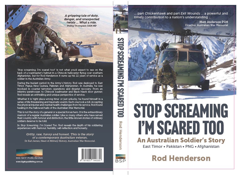 ‘Stop Screaming I’m Scared Too’ This is the life of an infantry soldier turned door gunner on a chinook in Afghanistan. A gripping tale of duty, danger, and unexpected twists. What a ride. Great work @RHendo76 on the book mate! rodhendersonauthor.com.au