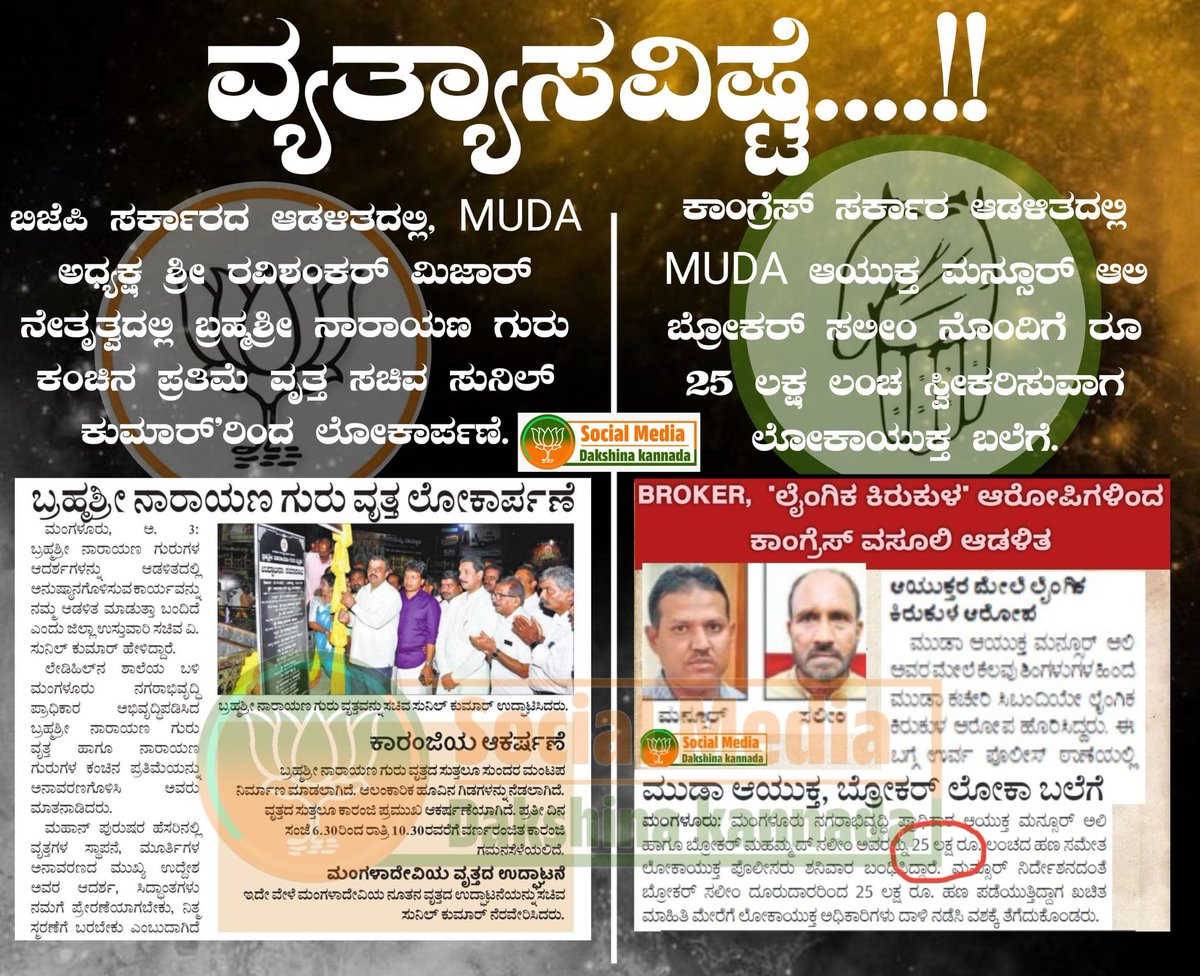 Under @BJP4Karnataka Govt MUDA has installed PUJYA SRI NARAYANA GURU Statue in Mangaluru, But the MUDA Chairman under @INCKarnataka Govt has been caught by LOK AYUKTA extorting Rs25 Lakhs. @BYVijayendra @nalinkateel @Sathish_Kumpala @karkalasunil @KotasBJP @CaptBrijesh