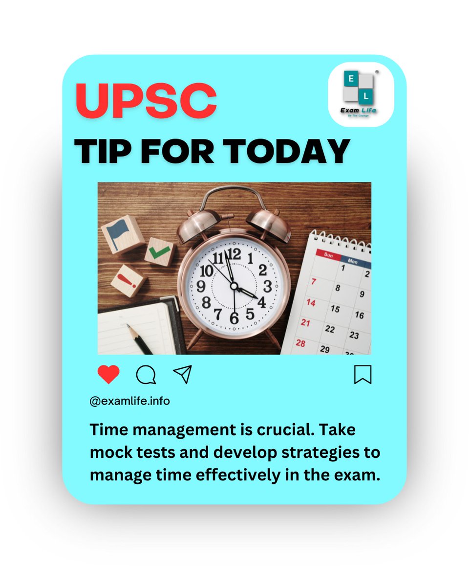 examlifedotinfo's tweet image. Time management is crucial. Take mock tests and develop strategies to manage time effectively in the exam.

#Examlife #CrackUPSC #SmartStudy #CivilServices #KnowledgeIsPower #DailyCurrentAffairs #BeInformed 
#AnswerWritingPractice #SharpenYourSkills #UPSCMotivation #NeverGiveUp