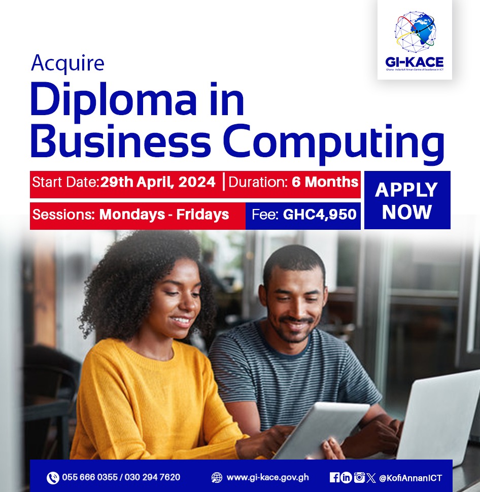 Click here gi-kace.gov.gh/courses/dbc-in… to read more and apply for our Diploma in Business Computing (DBC) course, designed to develop and provide students with practical skills and competencies in using data analytics software tools and technologies.

#GIKACE #KofiAnnanICT