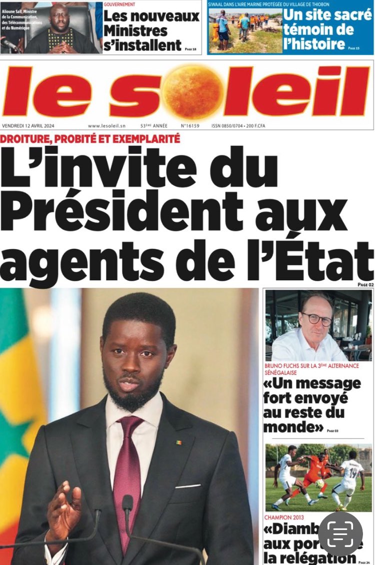À lire dans le grand quotidien #Sénégal Le Soleil @LeSoleilonline l’interview très intéressante de @bruno_fuchs sur la 3ème alternance et l’élection de @DiomayeFaye L’élu @MoDem y voit « un message fort envoyé au reste du monde ».