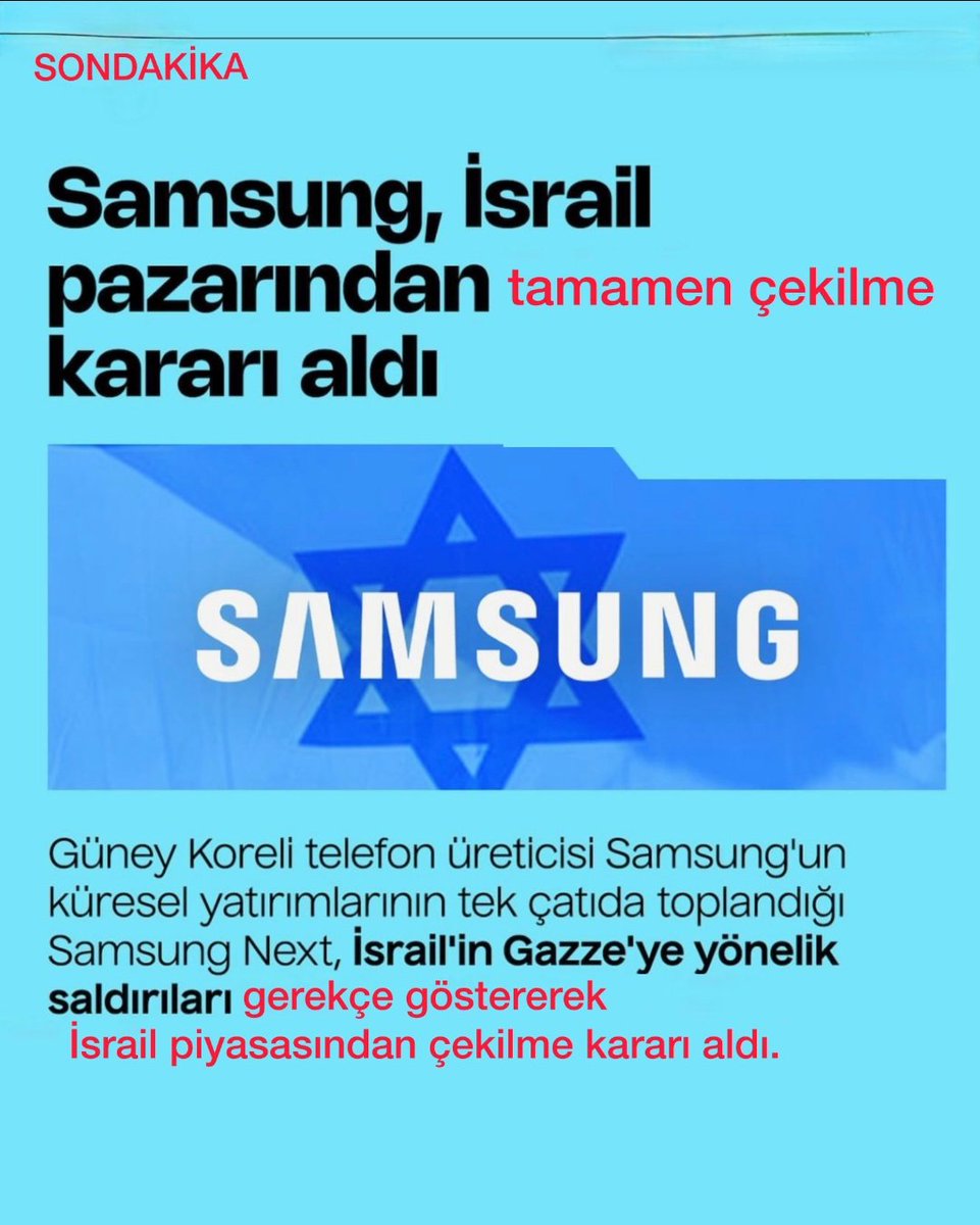 #SonDakika 🟢Samsung İsrail pazarından tamamen çekilme kararı aldı.