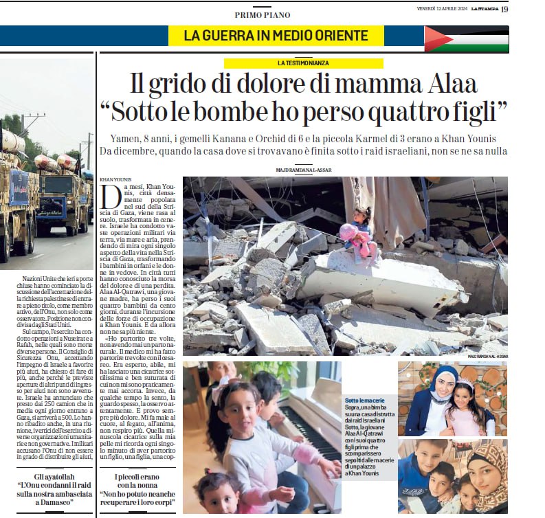 #12aprile Politici e media accusano italiani di 'vigliaccheria' per il rifiuto della guerra. A una domanda non rispondono mai: cos'è 'sul terreno' una guerra? È il dolore di una giovane madre che ha perso 4 figli sepolti da quelle bombe che loro non vedono #cessateilfuoco ovunque