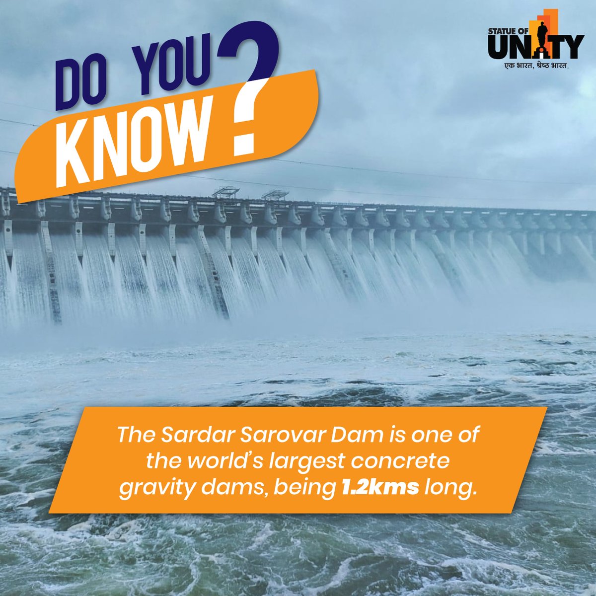 Did you know that the Sardar Sarovar Dam at #EktaNagar stretches an impressive 1.2 kilometers, standing as a monumental feat of engineering prowess and a testament to humanity's ability to harness nature's forces? Visit #StatueOfUnity now and experience this architectural wonder…