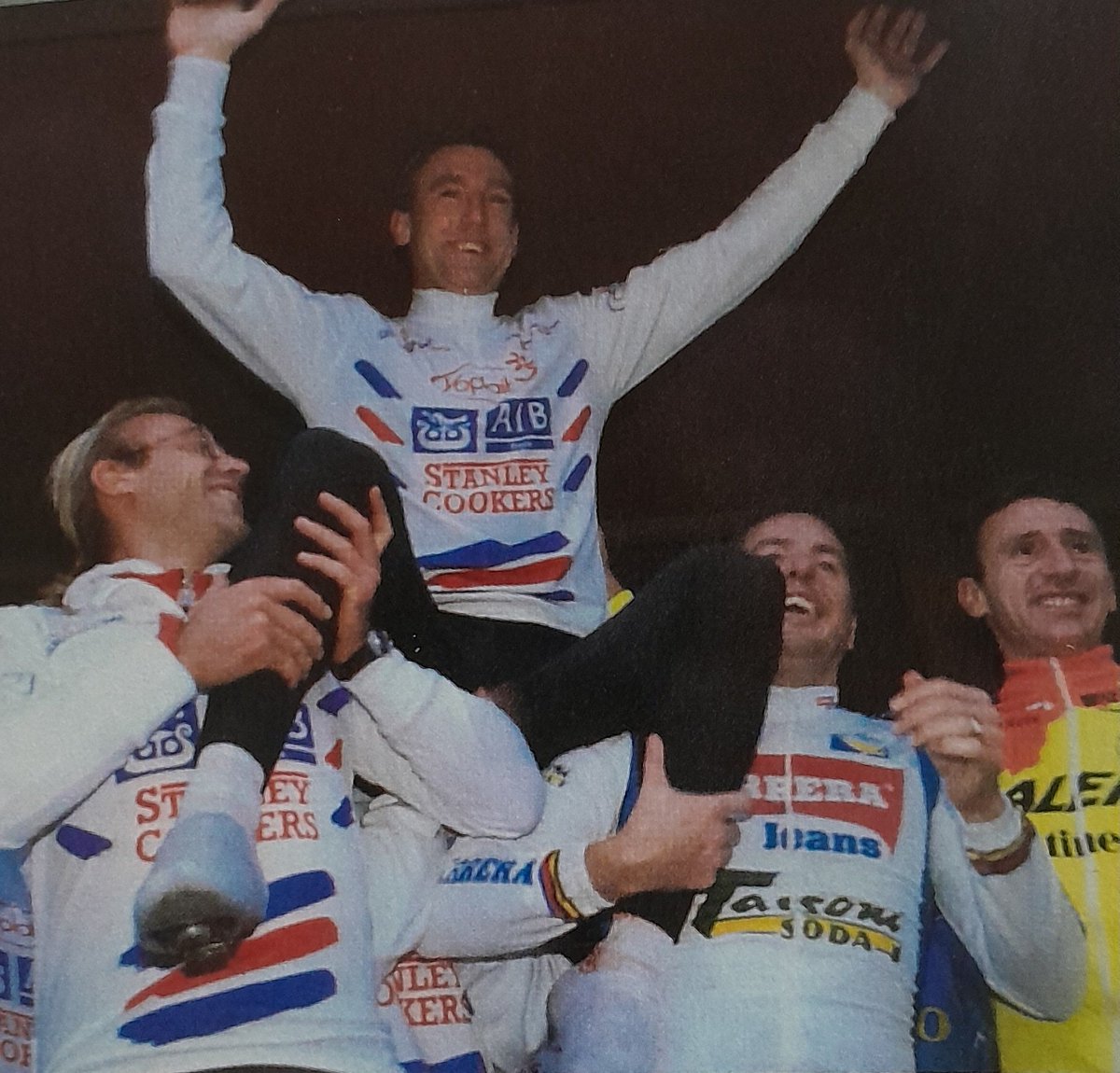 Sean Kelly raises his arms one last time as he wins his own Celebration Race after retiring at the end of 1994. Leading the group on the celebration ride in picture 2 with Roger De Vlaeminck in the woolley hat and then held aloft by Laurent Fignon and Stephen Roche @PhilOCPhotos