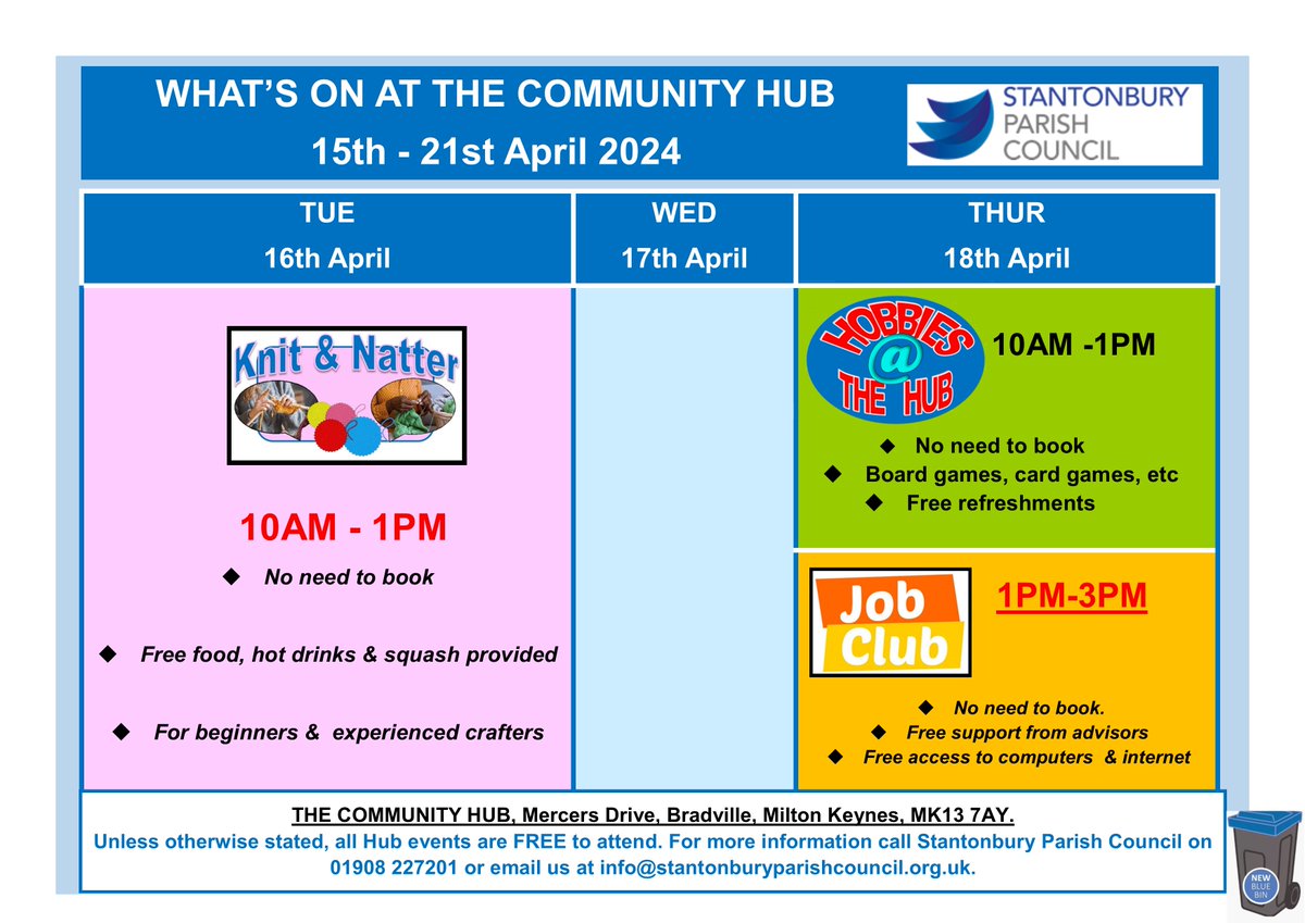 What's on at The Community Hub: 15th - 21st April 2024 The Community Hub, Mercers Drive, Bradville, MK13 7AY. For more information please comment below, call us on 01908 227201 or email us at info@stantonburyparishcouncil.org.uk.