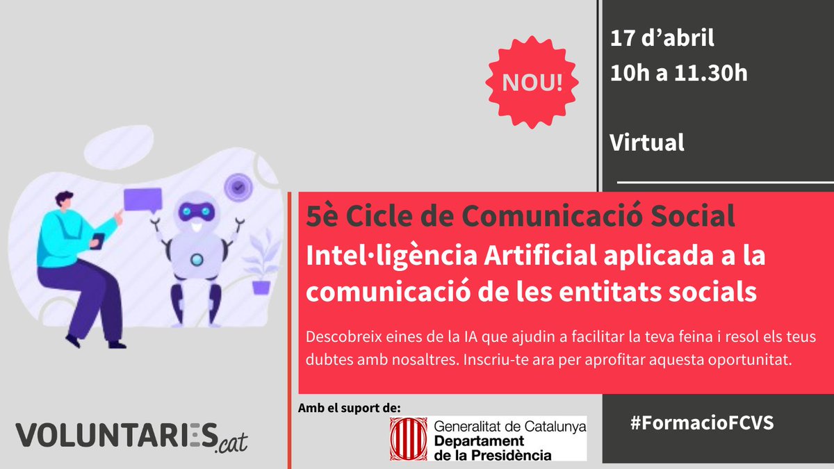 👌 La #IA arriba al #CicleComunicació Social de la #FCVS 'Intel·ligència Artificial aplicada a la comunicació de les entitats' 🗓️ 17/04/24 ⏰ 10h 💻 Virtual #FormacióFCVS #Comunicació Tota la info i inscripcions👉tuit.cat/jvaiv