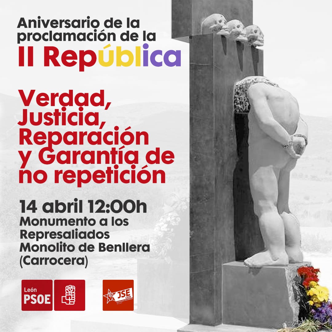 📯📯📯 RECORDATORIO DE ACTO PARA EL DOMINGO 📯📯📯 ❤️💛💜 #PSOELeón y @JSE_Leon celebran el aniversario de la proclamación de la II República. 📍 En el monolito en memoria de los represaliados por el franquismo en Benllera (Carrocera). 🗓️ 14 de abril. 🙌🏼 Te esperamos.