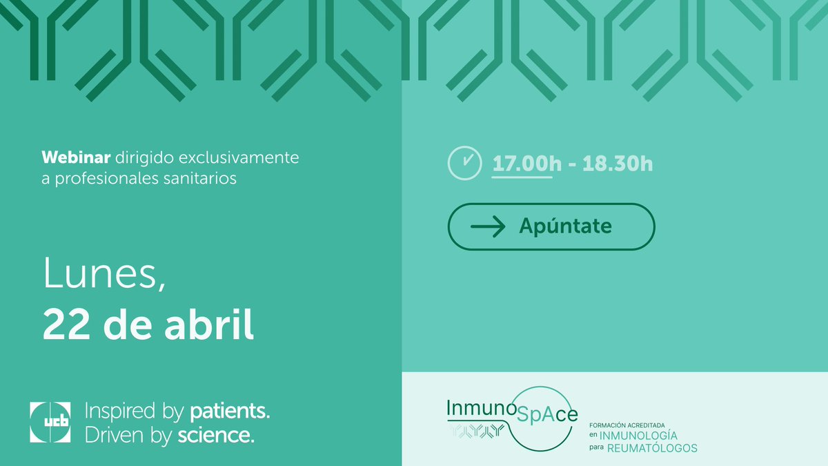 ucb_iberia's tweet photo. ☝️ En una semana los expertos en #reumatología tienen una cita.
#InmunoSpace organiza un #webinar para la "Actualización en Inmunología enfocada a la Reumatología y la Espondiloartritis".
Si eres profesional sanitario, ¡apúntate!👇
https://t.co/zVfA2MjTfV https://t.co/EiItlU5OsH