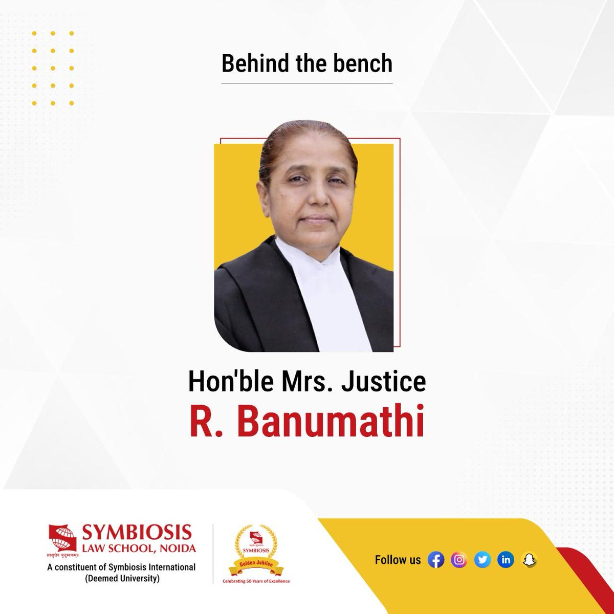 Hon'ble Justice Mrs. R. Banumathi, the 6th woman in India's Supreme Court, rose from Tamil Nadu's judicial service. Known for her dedication to justice and significant rulings, her career inspires the legal community. . . . #symbiosislawschool #Noida #behindthebench #SupremeCourt