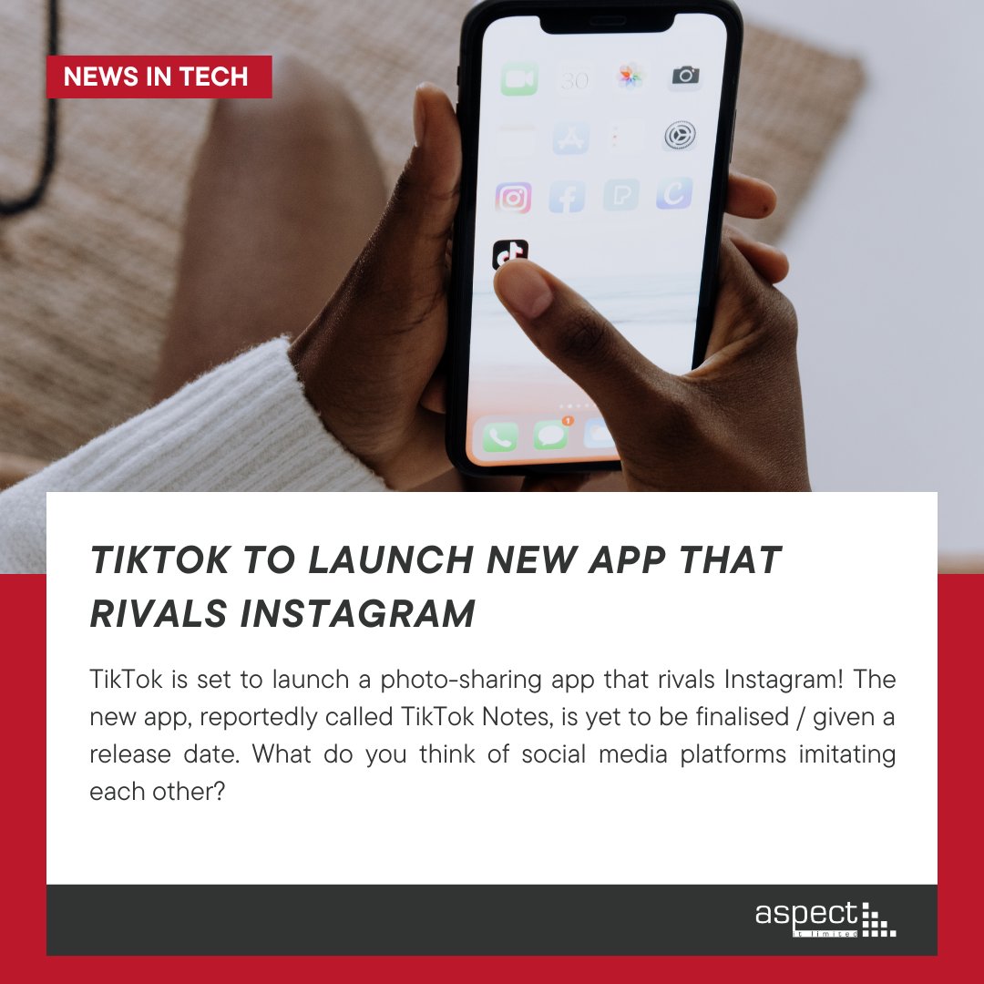 👉 TikTok to launch new app that rivals Instagram

#aspectit #newsintech #itsupport #itsupportservices #technology #technews #tiktok