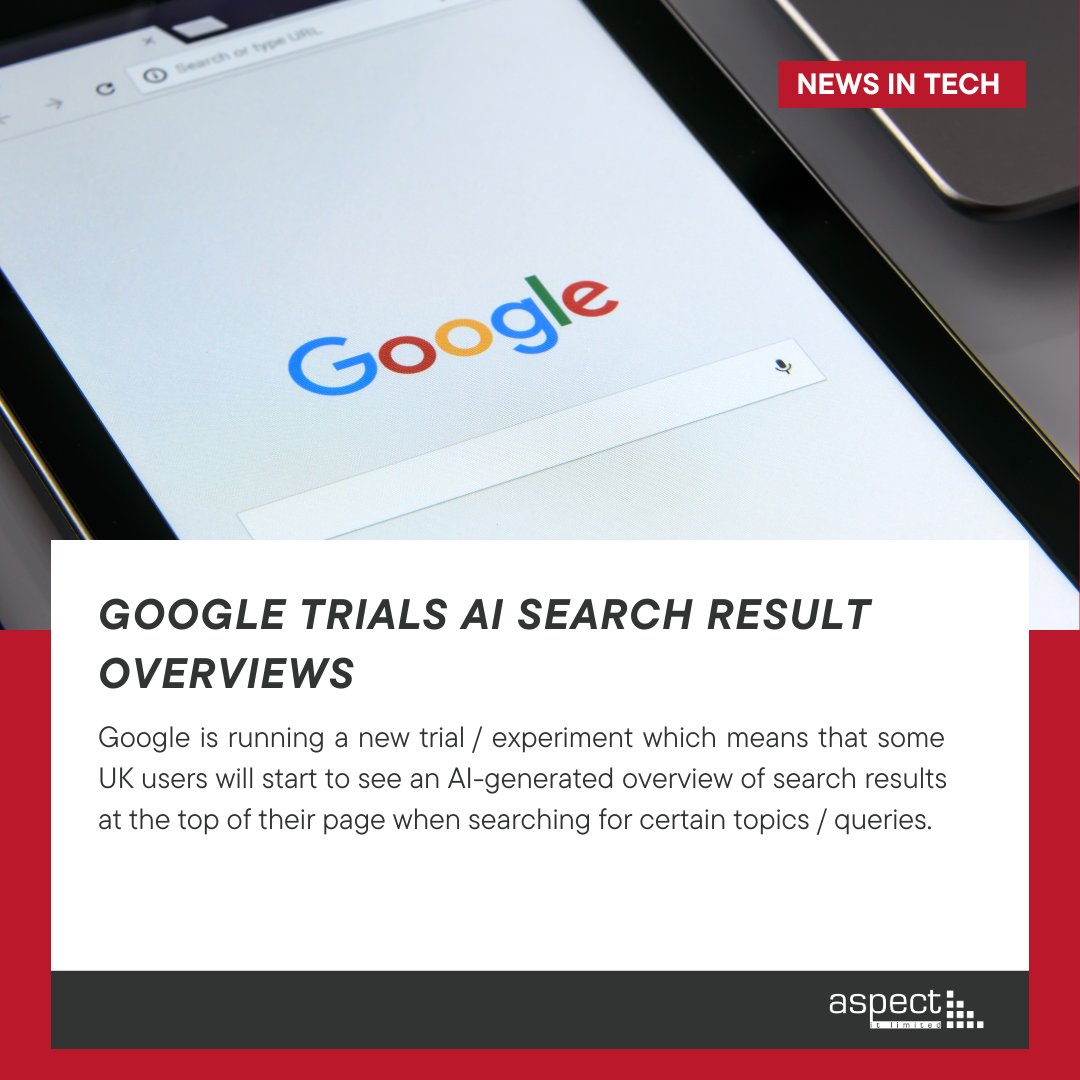 👉 Google trials AI search result overviews

#aspectit #newsintech #itsupport #itsupportservices #technology #technews #google