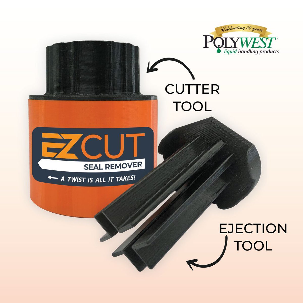 The EZ-Cut Seal Remover is quick, easy and efficient. This tool safely removes and holds seals from chemical containers without making contact with dangerous chemicals, making your job safer. Call 1-855-765-9937 for more information, or reach out to your local Polywest dealer!