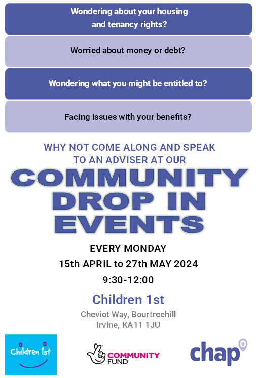 For any families in #northayrshire who are worried about aspects of housing or tenancy👇 @children1st works alongside @CHAP_advice 🪙🏠❤️‍🩹 Families/ parents/ carers have an opportunity to pop into our space in #bourtreehill Monday mornings anytime between 9.30am & 12 noon 🫖☕️🤝