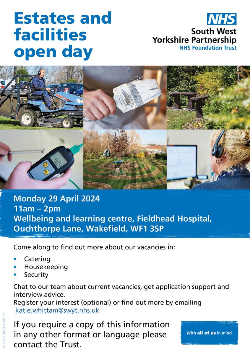 Looking for a new career in estates and facilities? Don't miss our recruitment open day at Fieldhead Hospital on Monday 29 April from 11am to 2pm. Save the date and come meet our team to find out about current vacancies and get interview tips 🙌 #NHSJobs