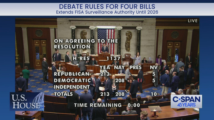 House passes FISA rule 213-208 along party lines -- debate on FISA bill can begin