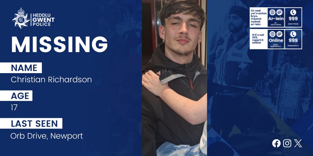 ⁉️ Can you help us find Christian Richardson, 17? ℹ️ He was last seen at around 6.30pm on Wednesday 10 April on Orb Drive, Newport. 📱 Call us on 101 or DM us on social media with reference 2400113983. 📎 orlo.uk/Can_you_help_u…