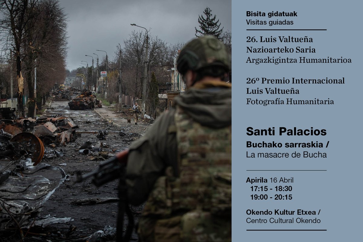 El fotoperiodista @SantiPalacios ofrecerá dos visitas guiadas sobre su trabajo 'La masacre de Bucha' en Donostia. 🗓️16 de abril 📍Casa de Cultura Okendo (Donostia) ⏰17:15 - 18:30 y 19:00 - 20:15 Es necesaria la inscripción 👉 labur.eus/ToObu 🤝 @D_entremundos