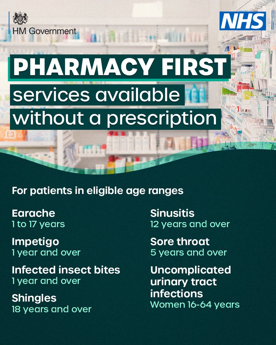 Community pharmacies can now treat patients for seven common conditions without a GP prescription 💊 Check the age eligibility for each condition 👇 More information: nhs.uk/thinkpharmacyf…