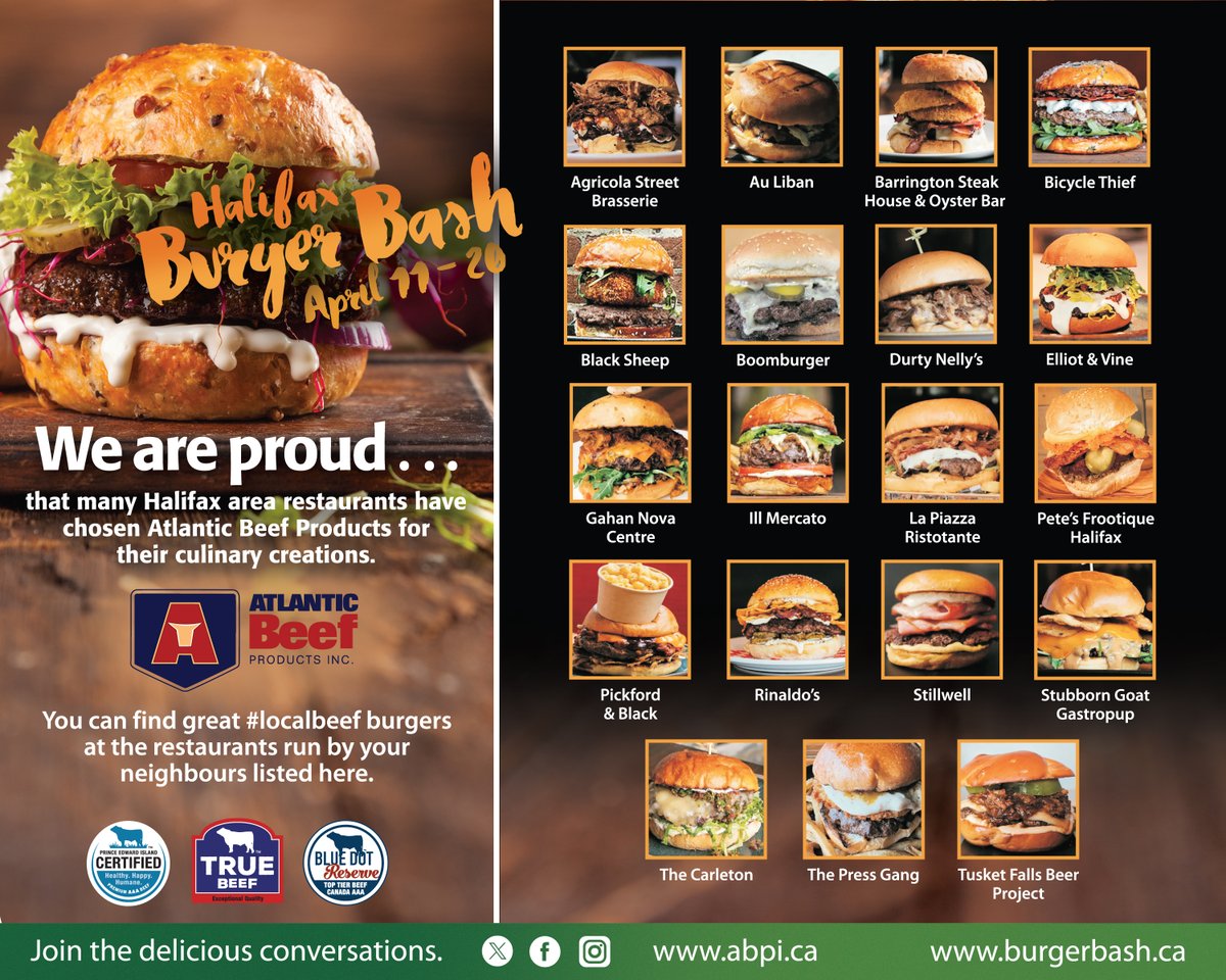 We're glad that so many #Halifax area restaurants have chosen @AtlanticBeef again to create their delicious #burgers as part of this year's @hfxburgerbash This year's bash takes place from April 11 - 20 with a donation made to @feednovascotia from every #burger sold!
