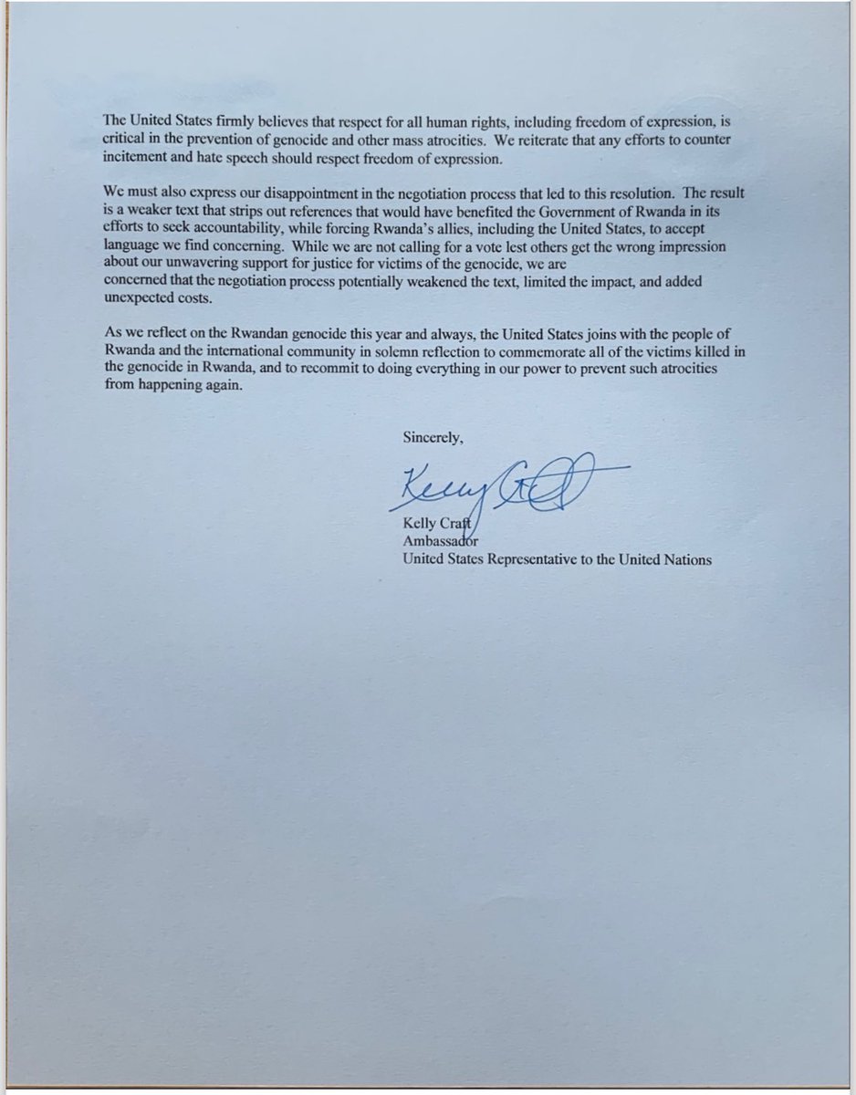“💥BREAKING NEWS💥
🚨💥Kelly Craft, the USA Ambassador to the UN reiterates that during the genocide, Hutus &amp; others were also killed!🚨💥
“The United States is concerned that changes made to the text - starting ni 2018 and extended today - narrow the focus of the resolution to