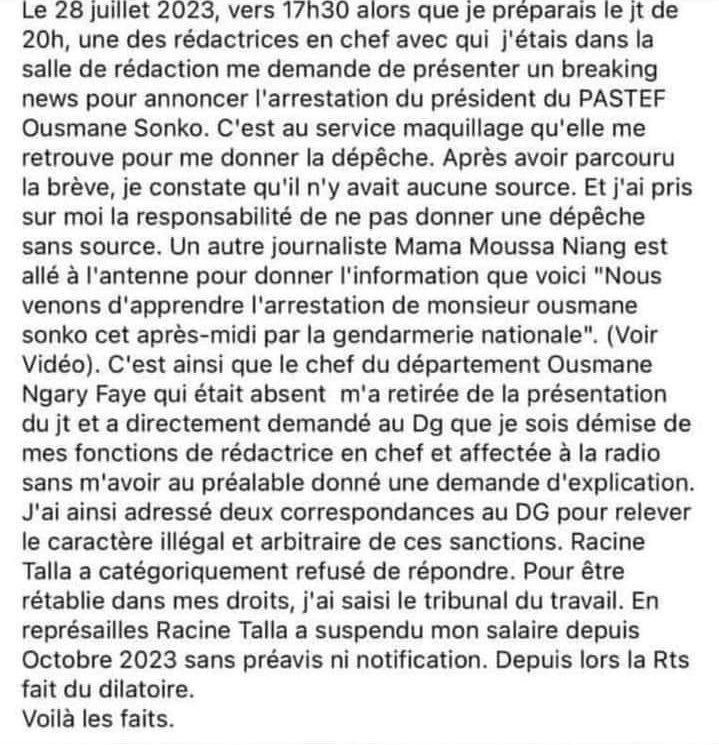 🇸🇳🔴#Senegal Rouguiyatou Ba Journalist, at @RTS1_Senegal has been blacklisted from the public channel for 9 months for refusing to give a dispatch without source that announced the arrest of @SonkoOfficiel
More seriously, her salary has been suspended since October 01, 2023.