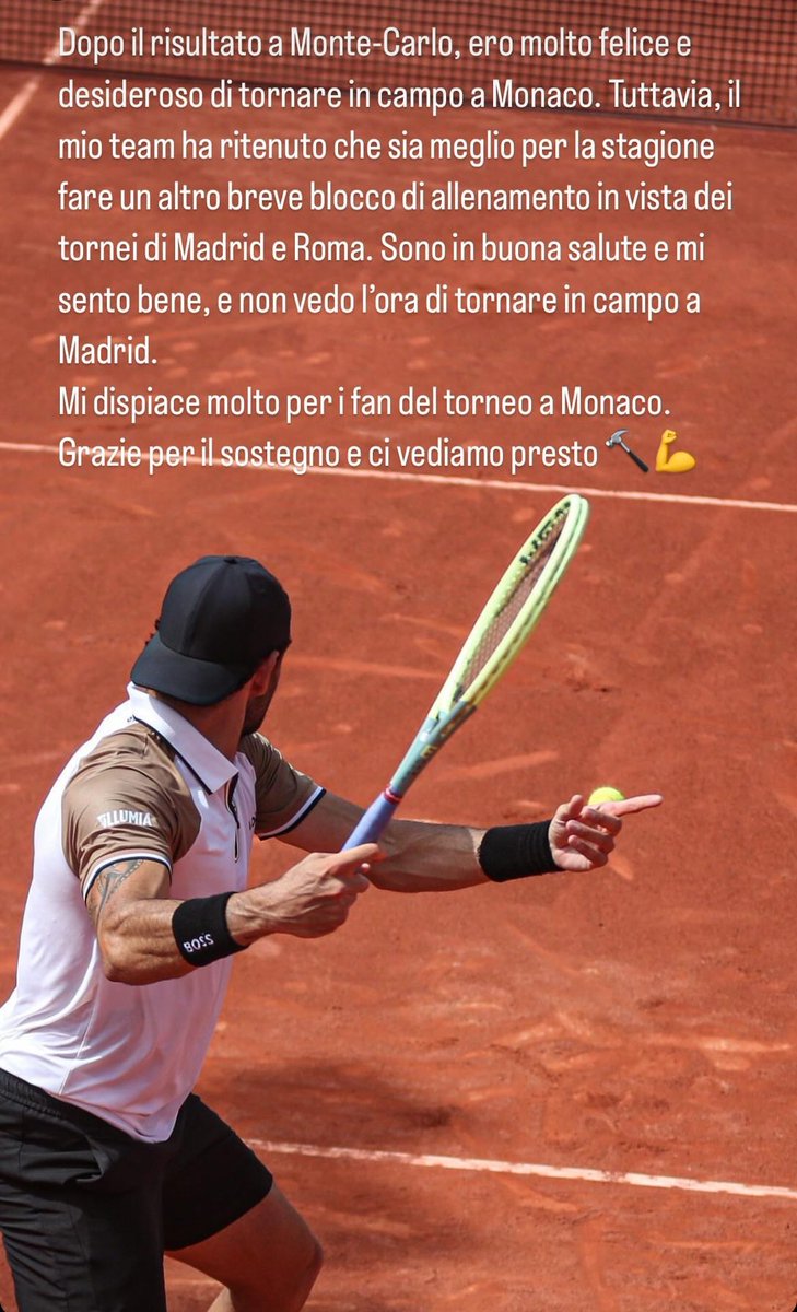 Matteo #Berrettini salta l’appuntamento di settimana prossima a Monaco di Baviera 🇩🇪 IG 📸 @MattBerrettini