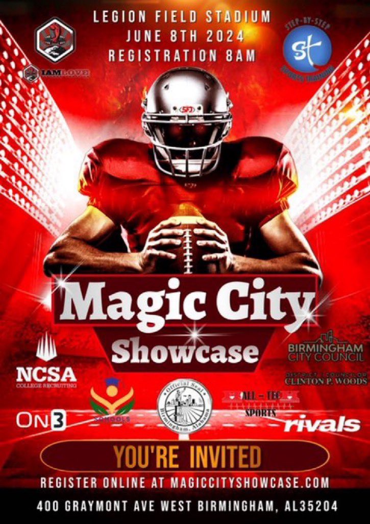 Blessed To be invited to the Magic City Showcase!! @CoachL__ @CCHSfootbal @JakeHelveston @coachfloyd33 @HallTechSports1 @AL6AFootball @CSmithScout @DexPreps